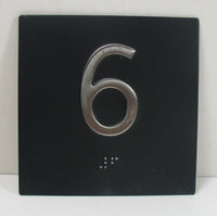 "6" Elevator ADA Braille 4 x 4 Jamb Plate Stainless Steel Black Background