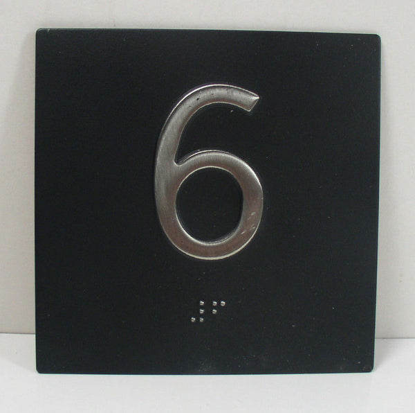 "6" Elevator ADA Braille 4 x 4 Jamb Plate Stainless Steel Black Background