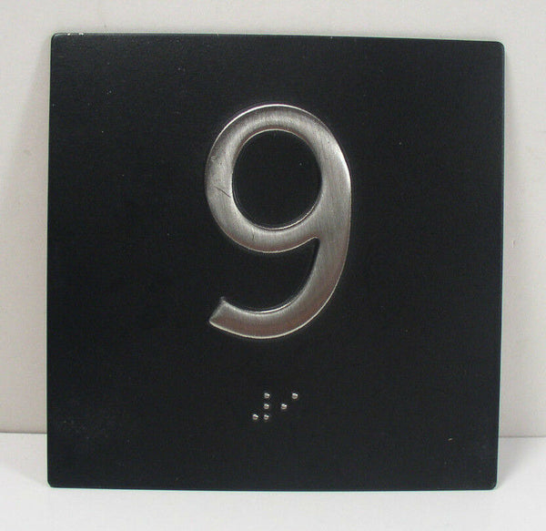 "9" Elevator ADA Braille 4 x 4 Jamb Plate Stainless Steel Black Background