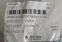 Barnes 31310 Unhardened Flat Washer 1" USS Zinc Plated Bag of 20